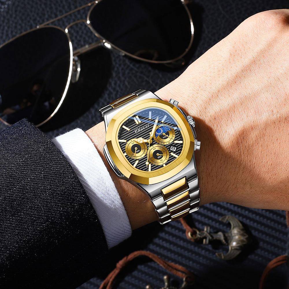 Original CHENXI Men Watches Gold Stainless Steel Waterproof Quartz Chronograph Date Luxury Watch For Men Relogio Masculino
