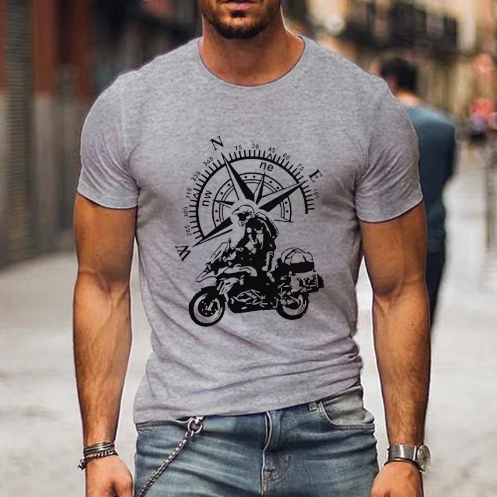 Funny Motorbike T-Shirt Men's Mountain Adventure T Shirt Hip Hop Streetwear Short Sleeve Top Motorcycle Travel Compass Tshirt