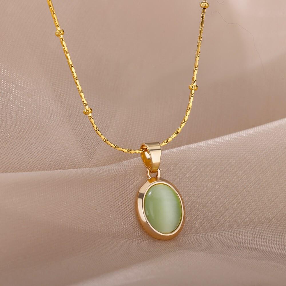 Fashion Stone Opal Oval Necklace For Women Stainless Steel Gold Color Oval Stone Pendant Necklace Wedding Aesthetic Jewelry Gift