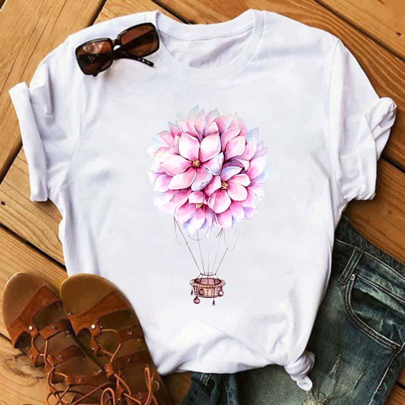 Maycaur Cute Floral Print Women T Shirt Summer Casual Short Sleeve Tshirt Ladies White Flower Tshirt