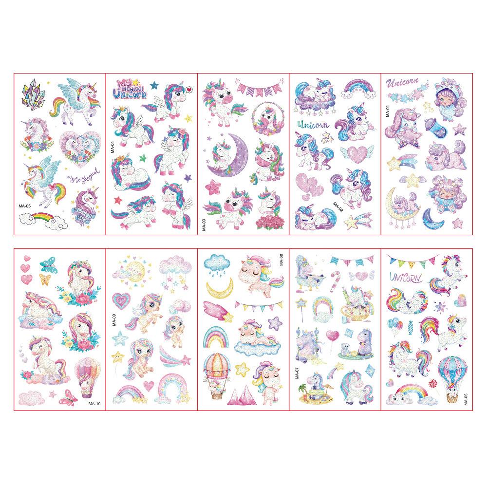 10 Fogli/Set Tatuaggi Adesivi Colorati con Polvere Glitterata Cartone Animato Animale Unicorno Principessa Veicolo Tatuaggio Temporaneo Finto per Bambini