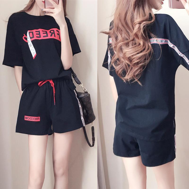 Casual Sports Suit for Women Summer Korean Style Fashion Loose Short-sleeved Plus Size Shorts Running Two-piece Set