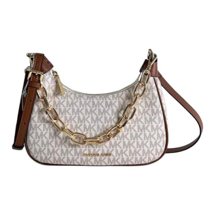 Michael Kors Cora Classic Monogram Chain Commuter Practical Faux Leather Saddle Bag Women Shoulder Bag Vanilla-White Acorn-Brown 35S2G4CU1B-150