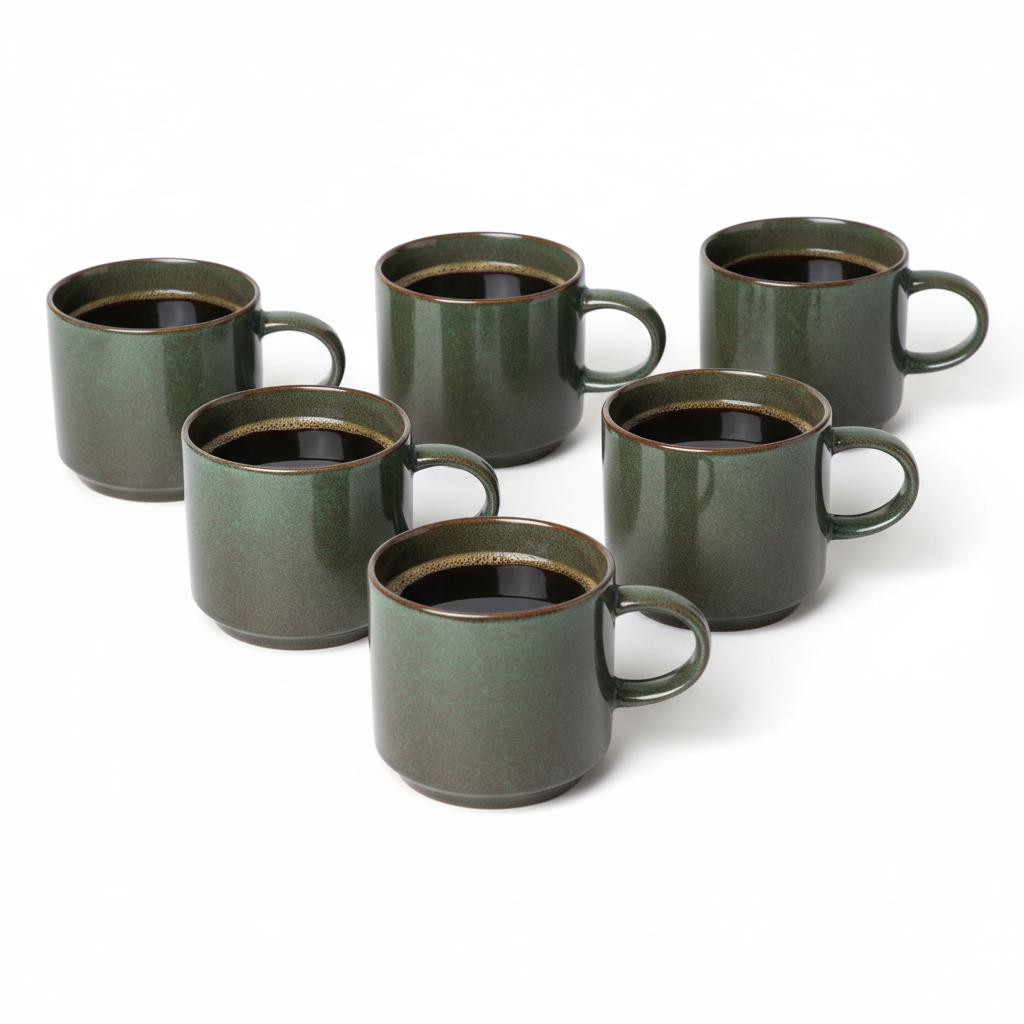 Coffee Tea Mugs Set 6 Pcs Dark Green Matte 350 Ml Ø 9.5 Cm