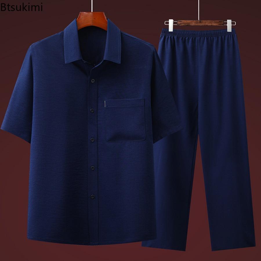 Trajes Casuales de Seda Helada para Hombre Verano 2025 Camisas de Manga Corta Holgadas Vintage + Pantalones Conjuntos de 2 Piezas para Hombres de Mediana Edad y Mayores Combinación Perfecta