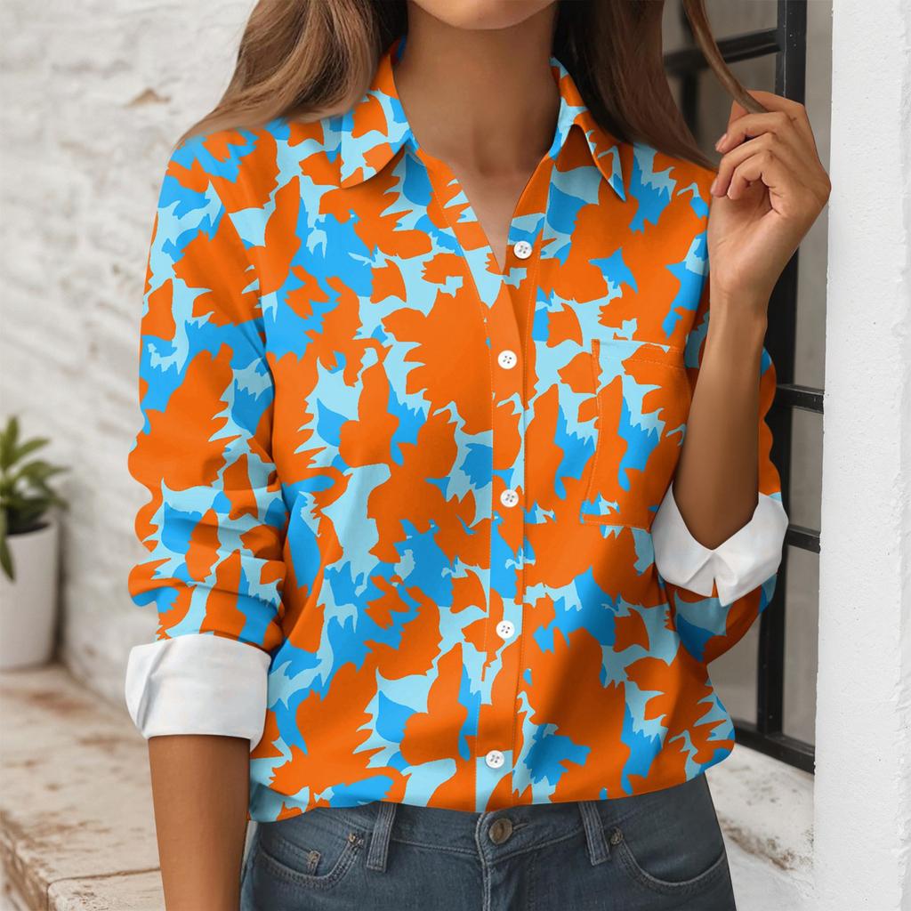 Women's Button Down Prints Shirt Long Sleeve Shirt Business Work Tops Casual With Pockets Jacket