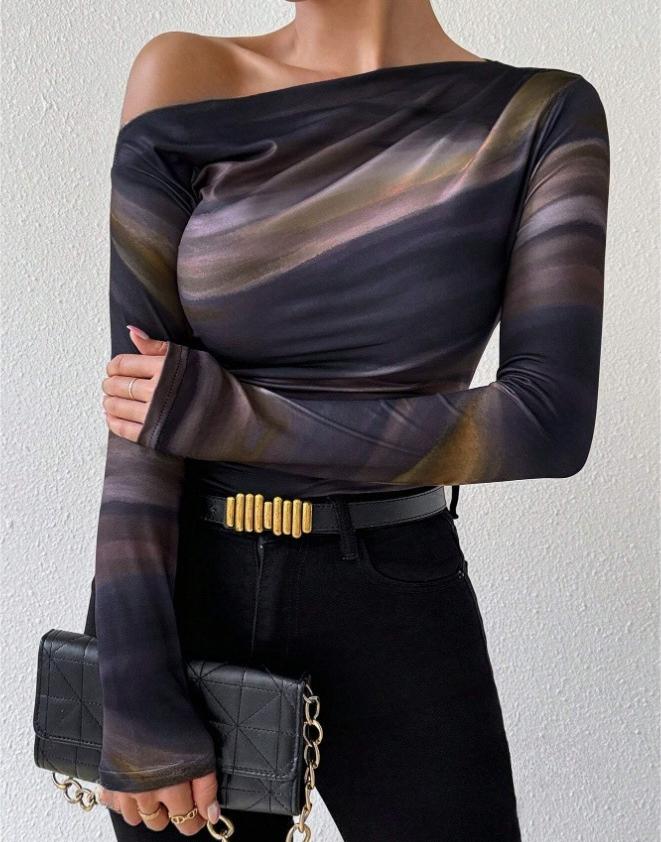 

Длинный рукав, женская футболка с геометрическим узором и градиентным принтом в европейском и американском стиле с открытыми плечами, эластичная сетчатая футболка, сексуальная L