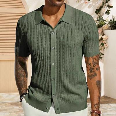 Summer Men Shirt Lapel Single-breasted Solid Color Thin Soft Short Sleeves Breathable Cardigan Hollow Out Knitted Mid Length Vacation Beach Top