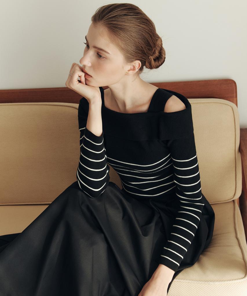 ZEROSTREET [3 Colors] Striped Asymmetrical Off-Shoulder Sweater