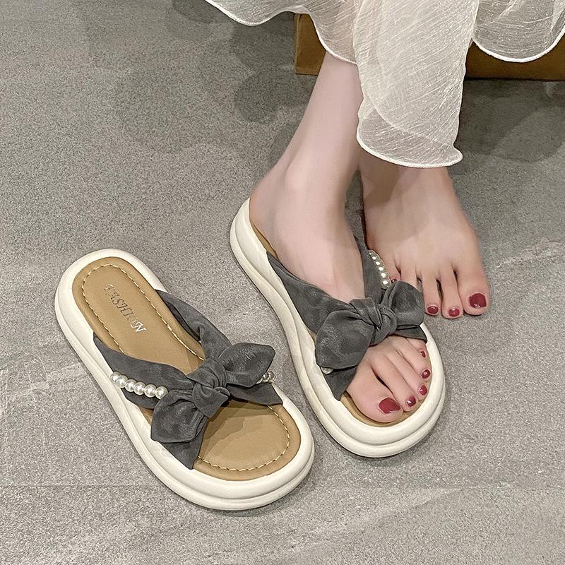 French style with skirt cool slippers women's summer wear 2025 new pearl pleated thick-soled Roman half slippers