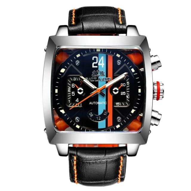 PAULAREIS Automatik Selbstaufzug Mechanisch Echtes Leder Edelstahl Schwarz Orange Blau Lässig Durchsichtig Herrenuhr TG02 silber
