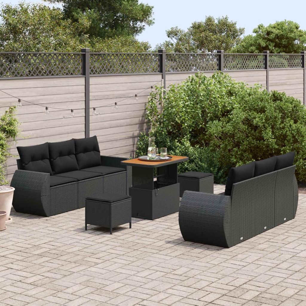 9 Piece Garden Sofa Set with Cushions Black Poly Rattan