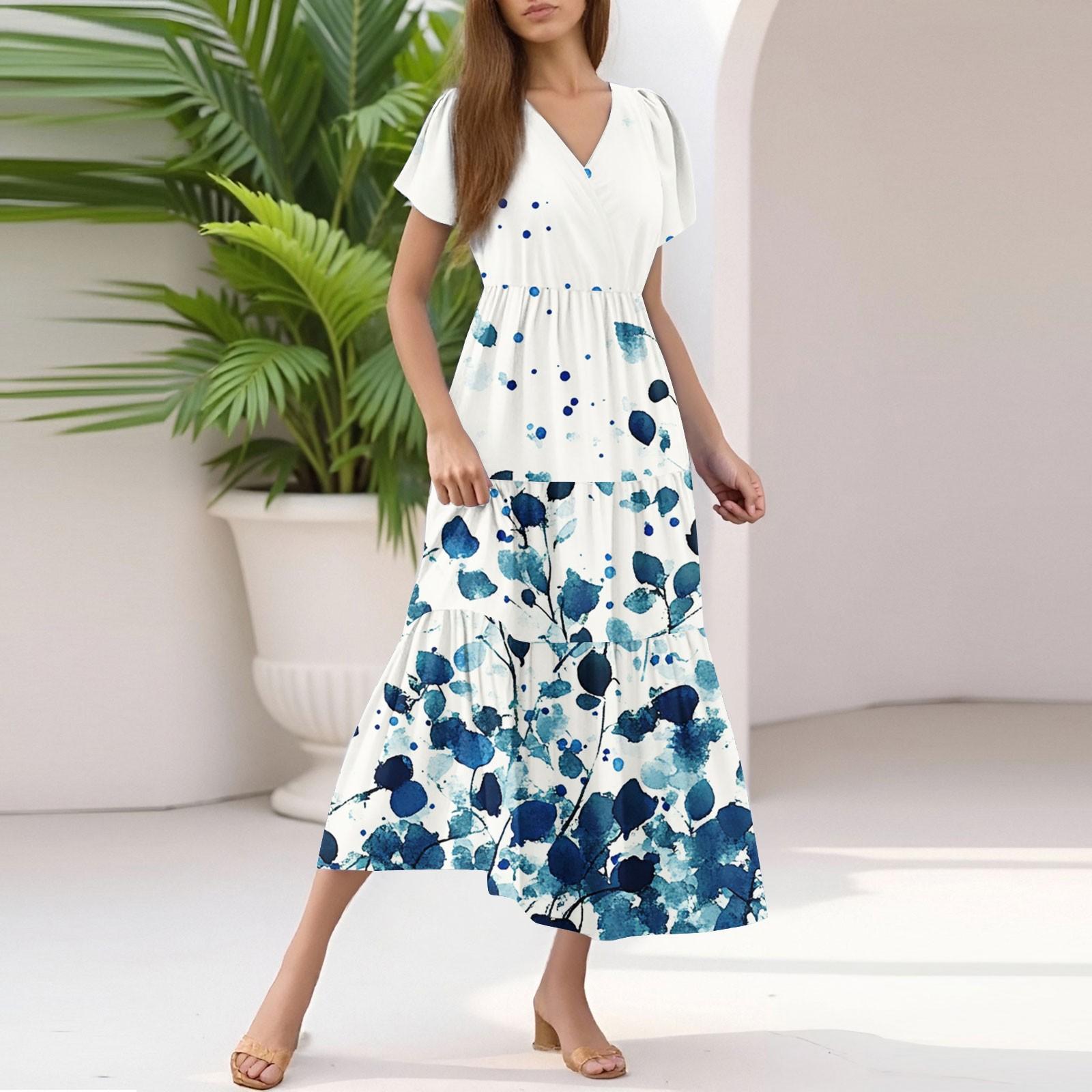 

Женское летнее повседневное модное платье миди с V-образным вырезом и оборками на рукавах с цветочным принтом L белый