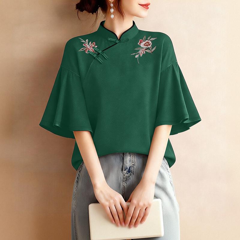 ZANZEA Women Stand Collar Casual Embroidery Loose Short Sleeve Blouse