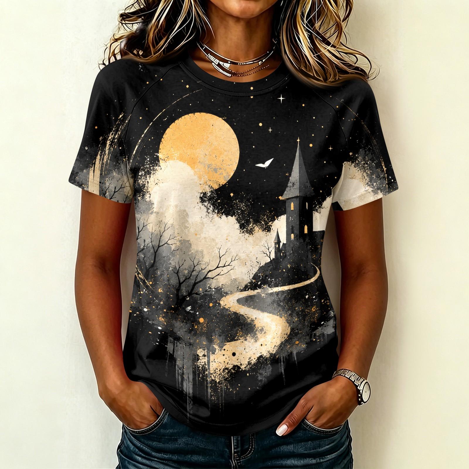 Women s Halloween Printed Short Sleeve Raglan Top, Round Neck Casual Blouse L