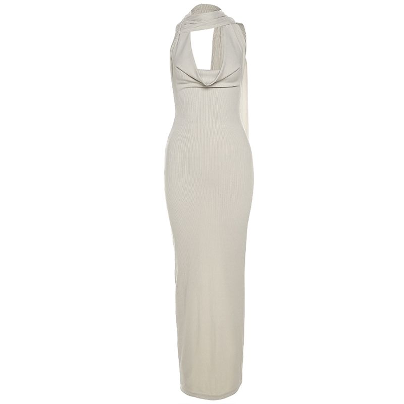 

# Sisjuly# Fancy Dignified Goddess Deep V Neck Ribbon Halterneck Dress Women s Sexy Figure Long Dress Apricot L