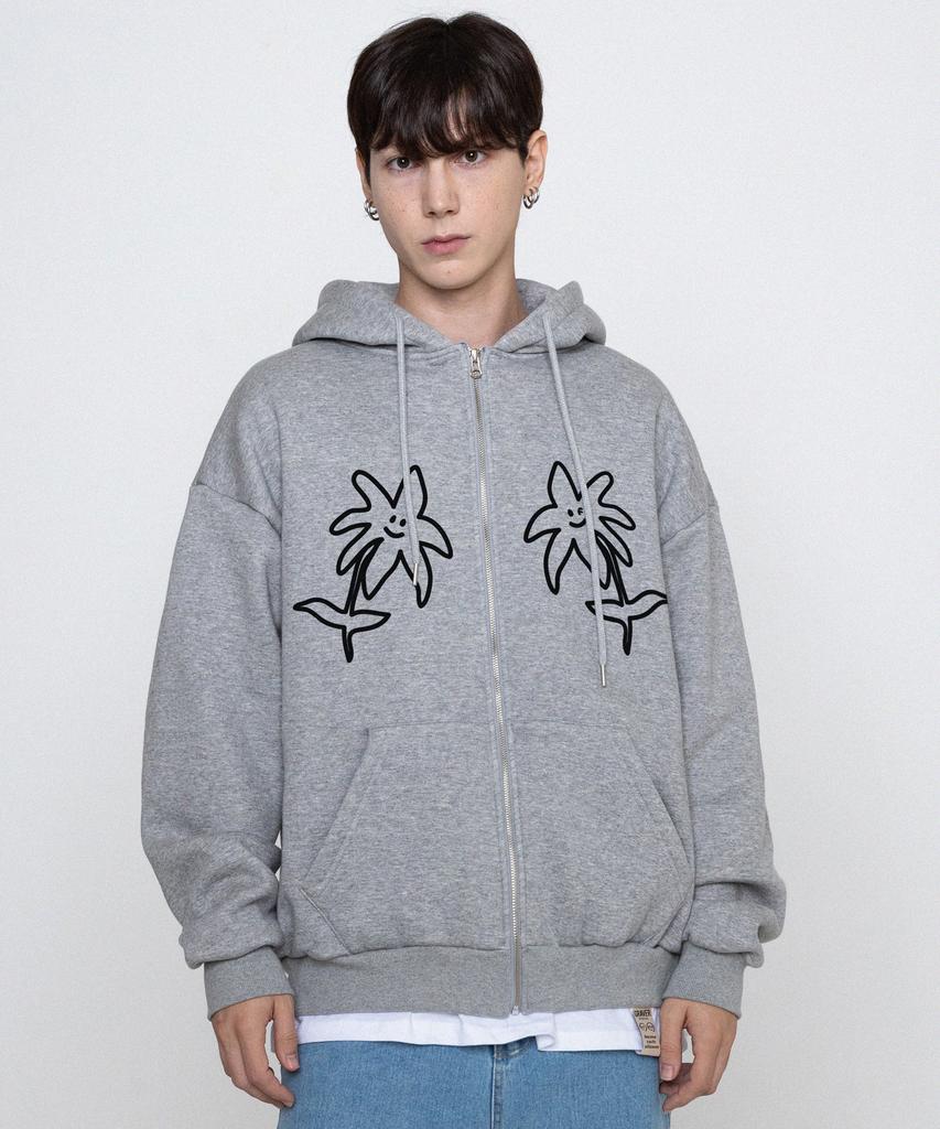 Graver [Unisex] Two Drawing Line Flower Zip-Up Hoodie_Gray