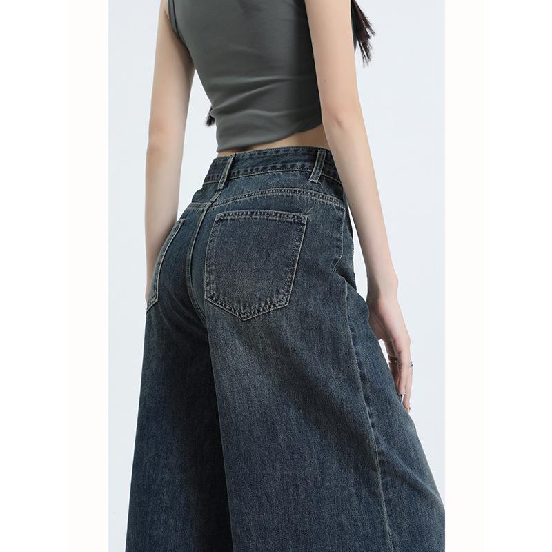 American Raw Edge Wide-Leg High-Waist Jeans for Women - Trendy Floor-Length Straight Pants