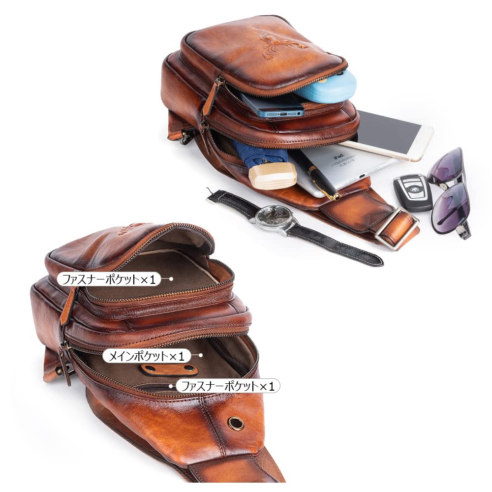 Whatna Tanned Natural Cowhide Leather Crossbody Bag for Genuine Thick Leather with Earphone 13541 Antique-Style Bag, One-Shoulder Men, Hole, (Black)