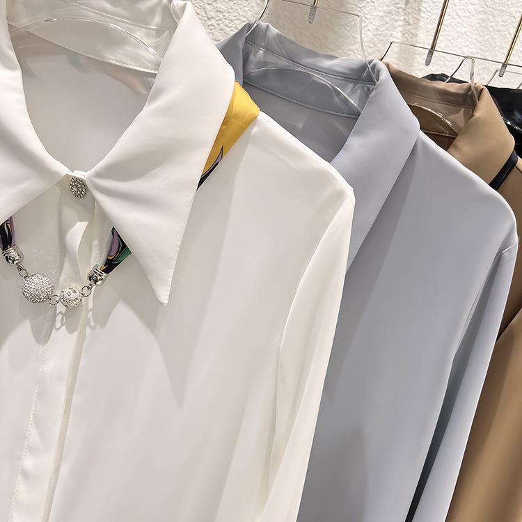 Korean Style Slim Fit Chiffon Shirt with Gift Scarf - Women's Spring Long Sleeve Top