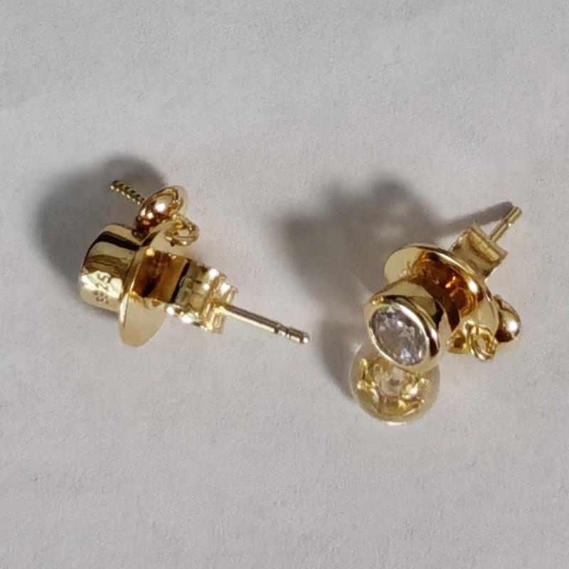 10mm Natural Golden Round Pearls Simple Zircons Stud Earrings DIY 925 Silver Holder Fine Wedding Jewelry for Women