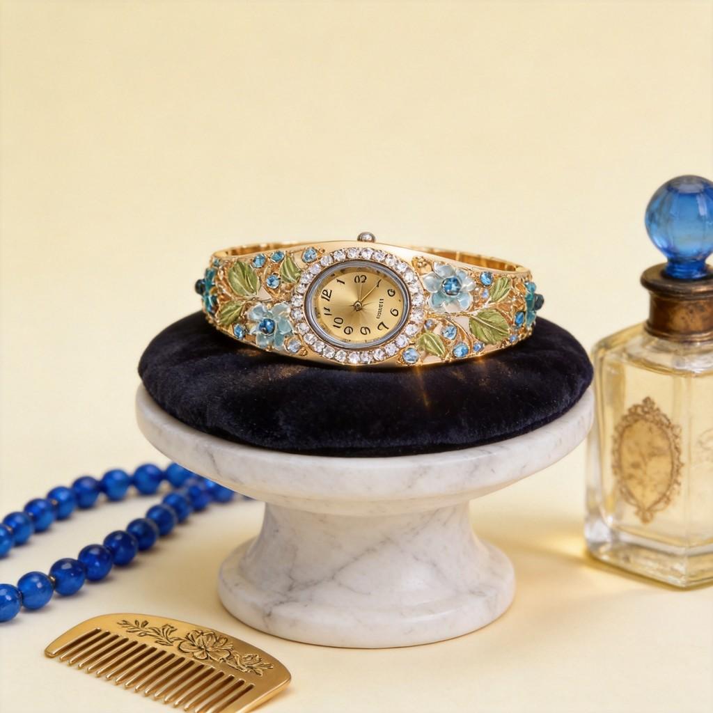 Vintage Cloisonne Floral Ladies Watch Jewelry Set With Quartz Movement For Elegant Wear