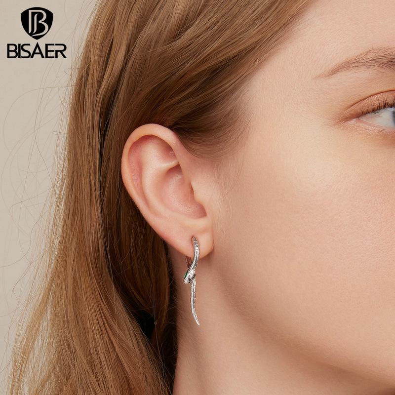BISAER 925 Sterling Silver Snake Hoop Earrings Green Zircon Animal Earrings Plated Platinum For Women Party Fine Jewelry