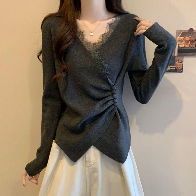 

Plus Size Velvet Lace Patchwork V-Neck Long Sleeve Women s Top for Autumn/Winter 3XL (161-180 kg)