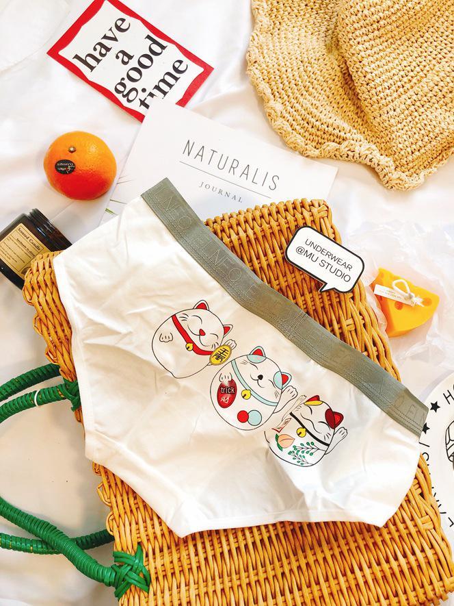 Japanese-Inspired Red Cat Skull Cartoon Mid-Waist Cotton Women's Sporty Fashion Panties