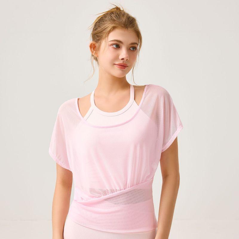 

Yoga Clothes Mesh Yarn False Two Pieces Short Sleeve with Chest Pad Cut Out Skinny Slimming Sports Tops Women Running Workout Blouse Soft Mist Powder(Bra + blouse) F free size