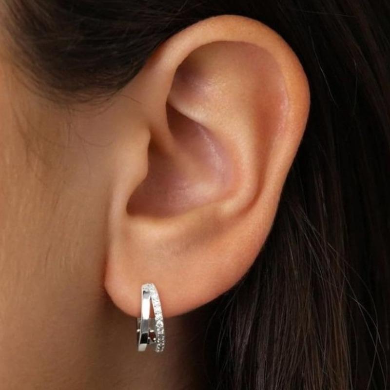 Stainless Steel Double Layer Zircon Hoop Earrings for Women Girls Elegant Punk Earring Stud Style Party Fashion Jewelry Gifts