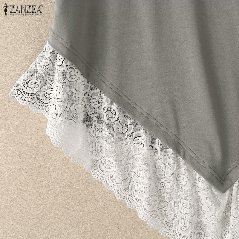 ZANZEA Women Casual Lace Splice Irregular Hem Summer Short Sleeve Blouse Tops
