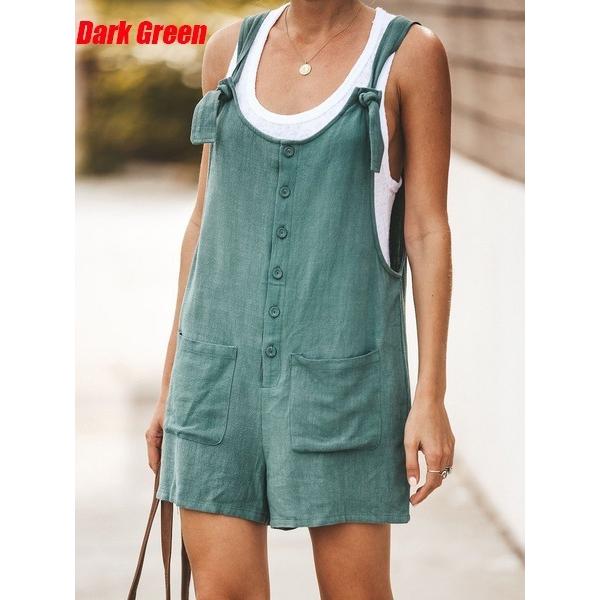 Summer Women's Jumpsuit Solid Color Patch Pockets Lace-up Cotton Linen Straps Shorts
