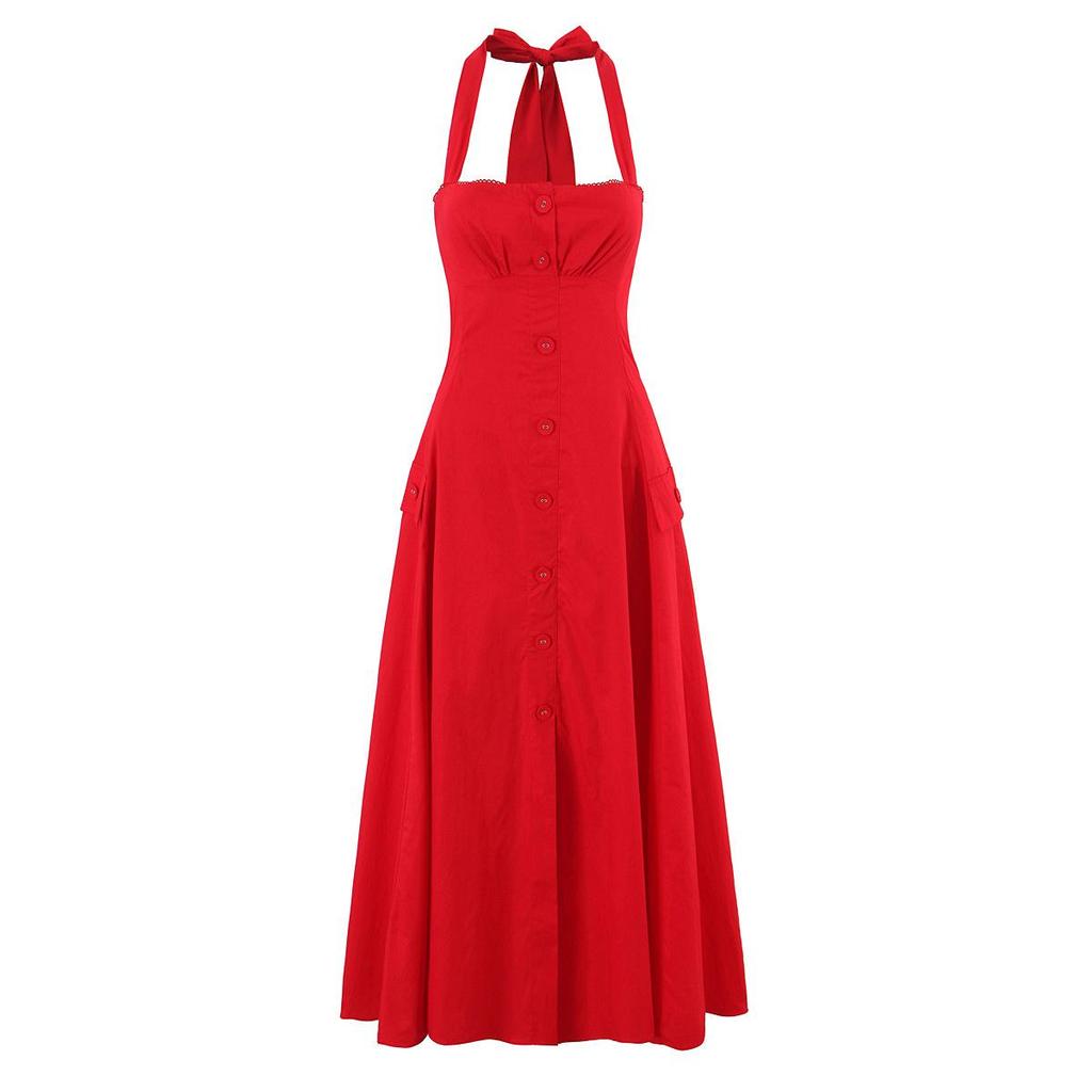Women's Multi-color Halter Button Midi Camisole Dress - Elegant 2026 New Style