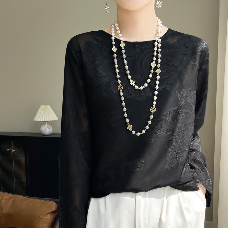 Women's Summer Silk Satin New Round Neck Printing Short Loose Large Size Long-sleeved T-shirt