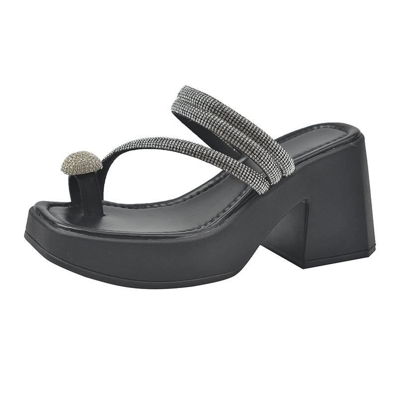 Square Head Rhinestone Thick-heeled Women's Shoes 2025 New Summer Thick-soled Set of Toes One-word Drag Foreign Trade Simple High-heeled Slippers