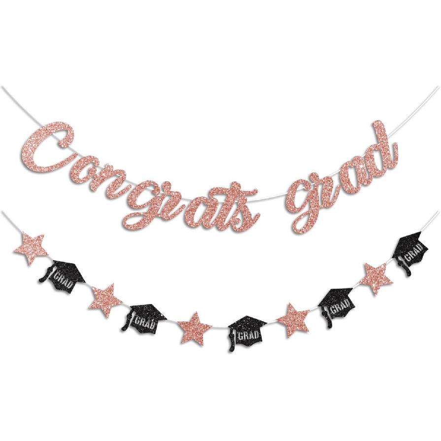 Gold Congrats Grad Banner Glitter Graduation Banner for Graduation Decorations Class of 2026 Party Supplies