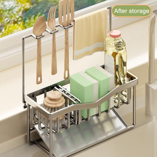Kitchen Sink Caddy Stainless Steel Sponge And Brush Holder with Adjustable Divider Auto Drain Tray Countertop Organizer for Utensils Dish Soap Bottle