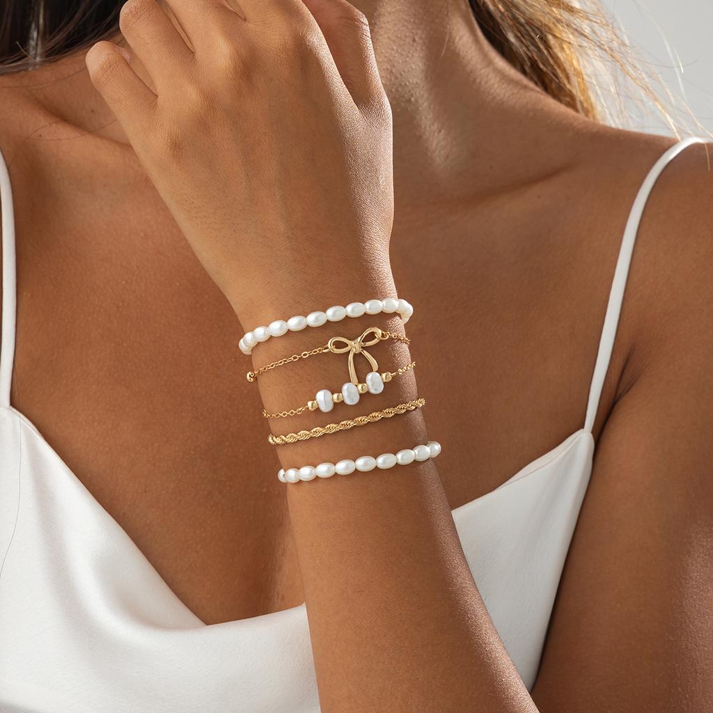 Sweet And Cool Style Ribbon Bow Bracelet, Temperament Love Imitation Pearl Star Stacked Wearing Jewelry Women