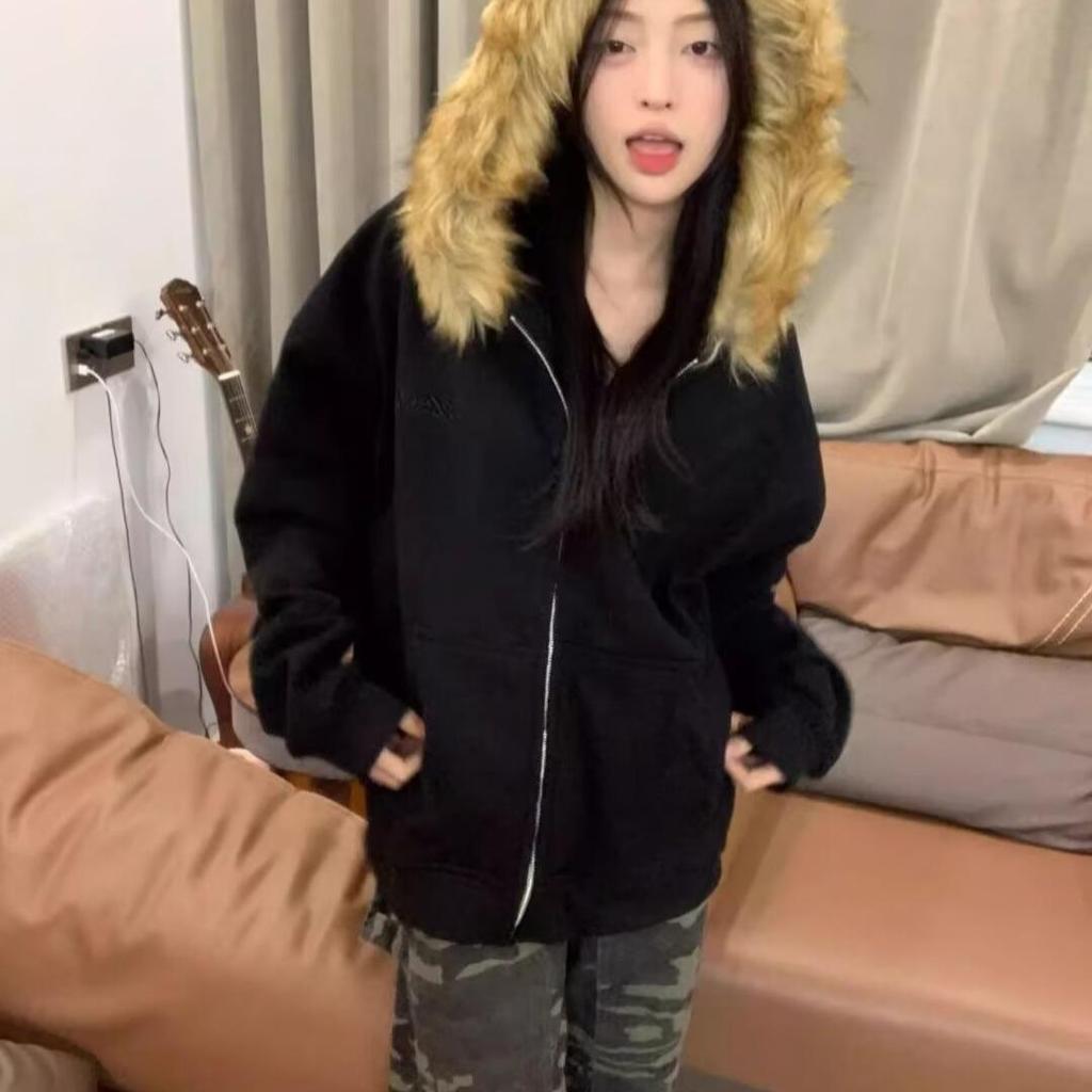 VAYLA Harajuku Casual Fur Patchwork Hooded Hoodies Women Y2k Aesthetic Loose Pocket Streetwear Coats Grunge Autumn Sweatshirts