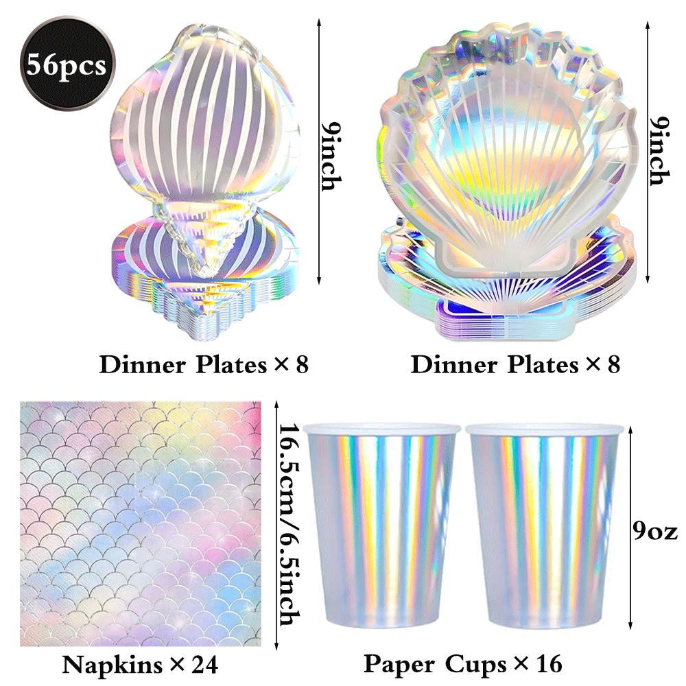 Holographic Mermaid Party Decorations Iridescent Under The Sea Girls Birthday Shell Tableware Plates Cups Tablecloth Baby Shower