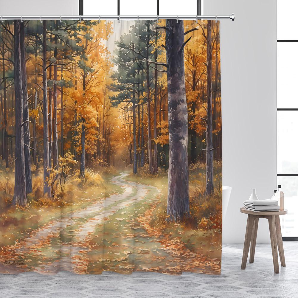 Herbstwald Duschvorhänge Rote Ahornbäume Fallende Blätter Straße Herbstlandschaft Stoff Heim Badezimmer Vorhang Dekor Mit Haken