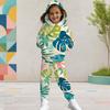 Girls Leaf Printed Hooded Tracksuit Long Sleeve Kangaroo Pocket Cuffed Pants Two Piece Set