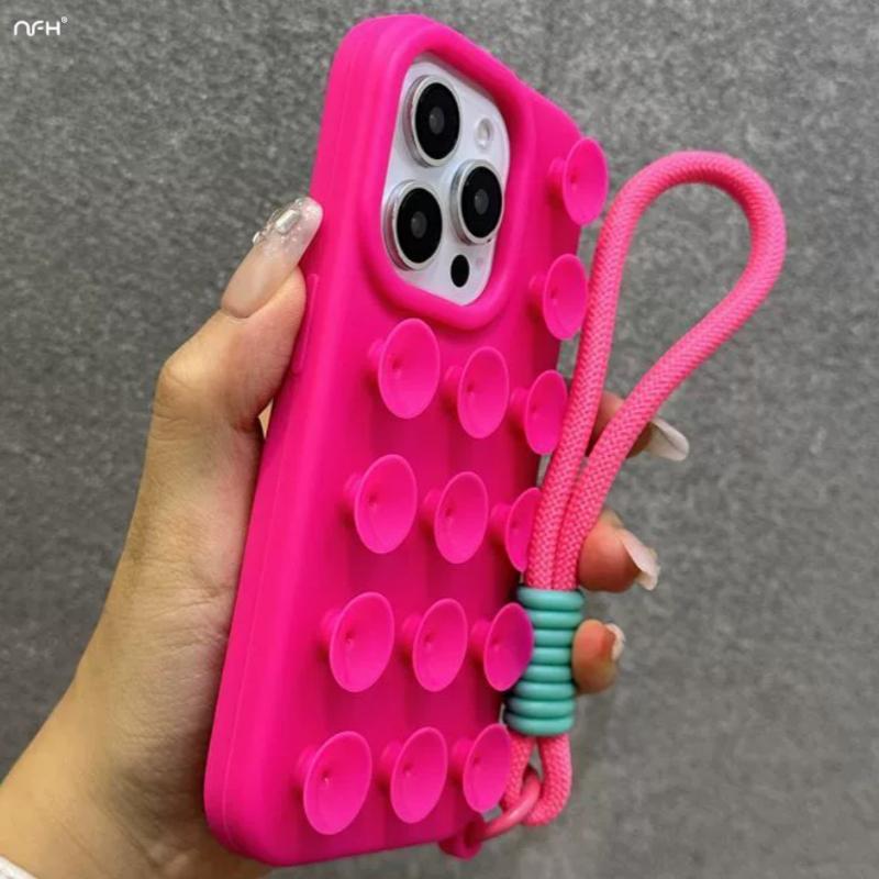 For iPhone 16 Pro Max Luxury Suction Cup Airbag With Lanyard Phone Case For iPhone 12 13 14 15 Plus Soft Frame Protective Cover