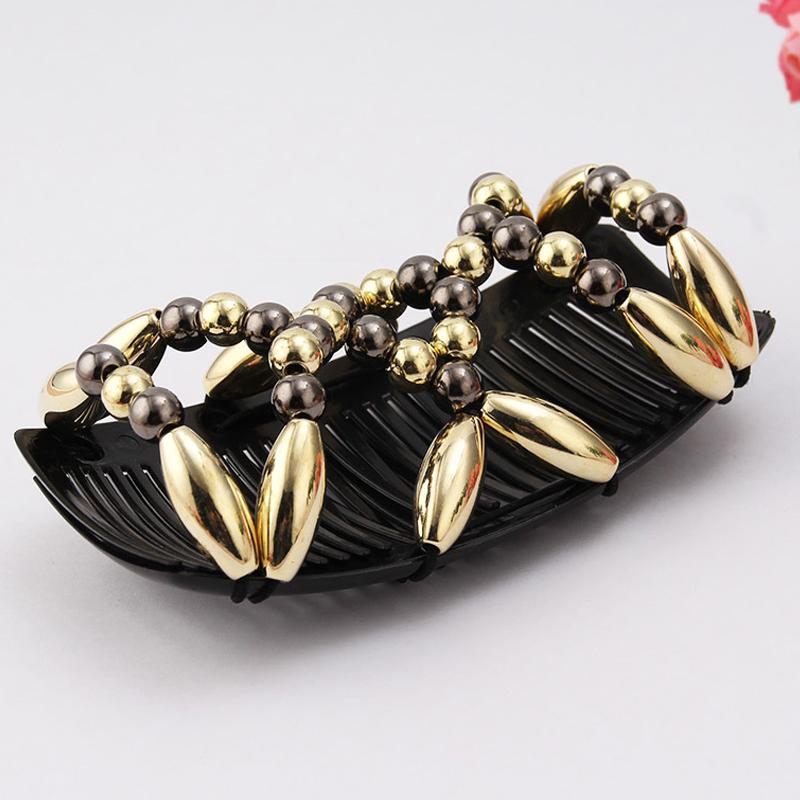Women DIY Hair Accessories Pearl Beaded Elastic Hair Claw Hairpin Magic Comb Up-Do Hairstyle Bun Maker Tool Ponytail Hairdo Wolf