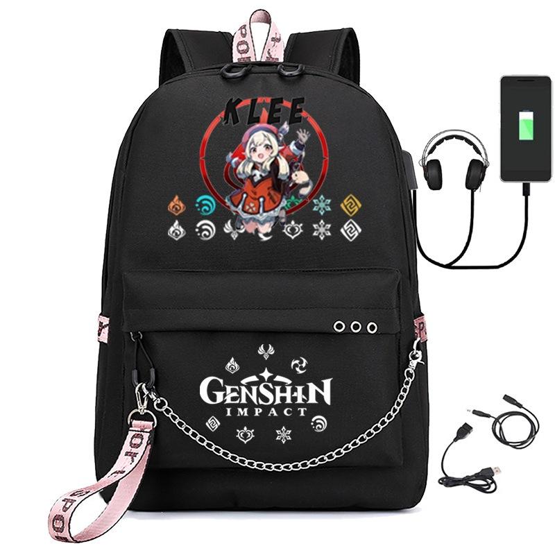 Printed Iron Chain Usbgenshinimpact Yuanshen Backpack Leisure Middle School Student Travel School Bag
