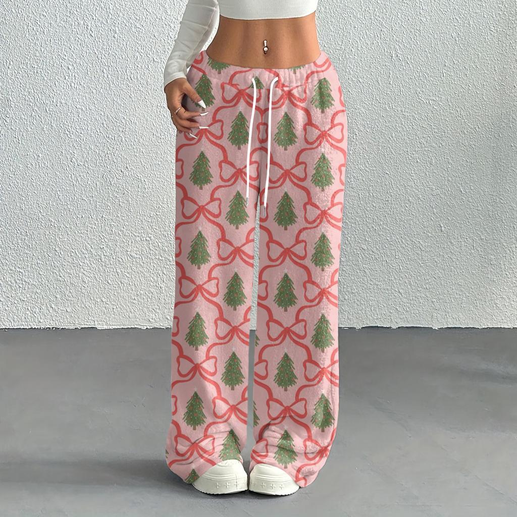 Women's Casual Fashion Printed Elastic Waist Loose Straight Leg Pants With Rope