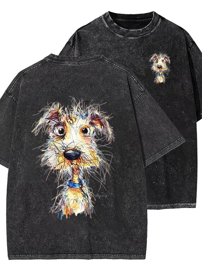 Abstract Dog Graphic Washed T Shirt Women Artistic Puppy Print Oversized Tee Vintage Casual Short Sleeve Harajuku Streetwear