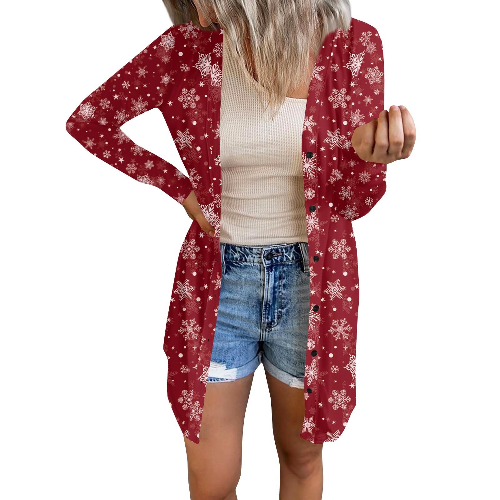 

Длинный рукав Женский ретро принтованный топ Легкий базовый свободный жакет Кардиган Повседневные рубашки Рождество M красный