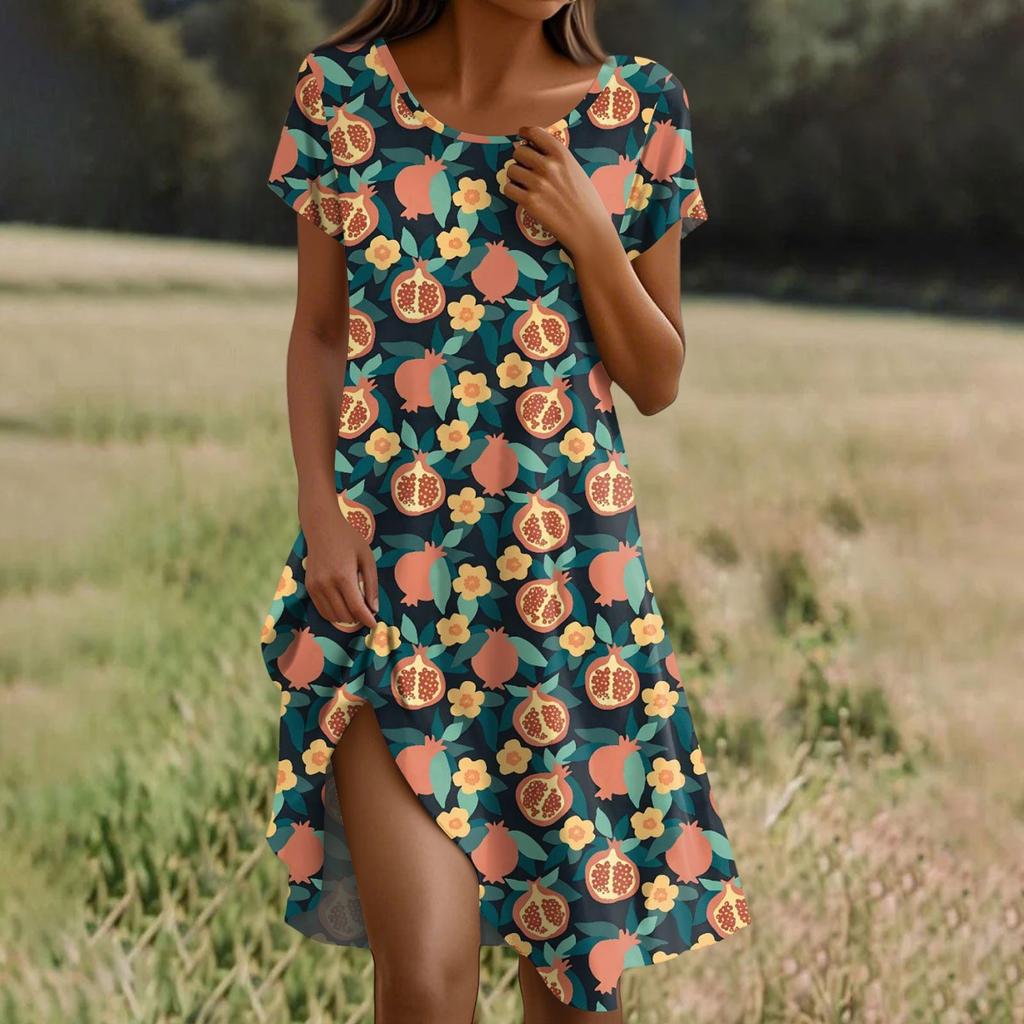 Kurzärmeliges Boho-Kleid für Damen, lässig, lockere Passform, Sommerkleid mit Blumendruck und Taschen